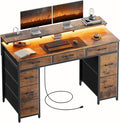 HLDIRECT 47 inch Computer Desk with 8 Storage Drawers Gaming Desk with LED Lights &amp USB Power Outlets Home Office Table with Monitor Stand Study Writing Work Table for Bedroom Rustic Brown
