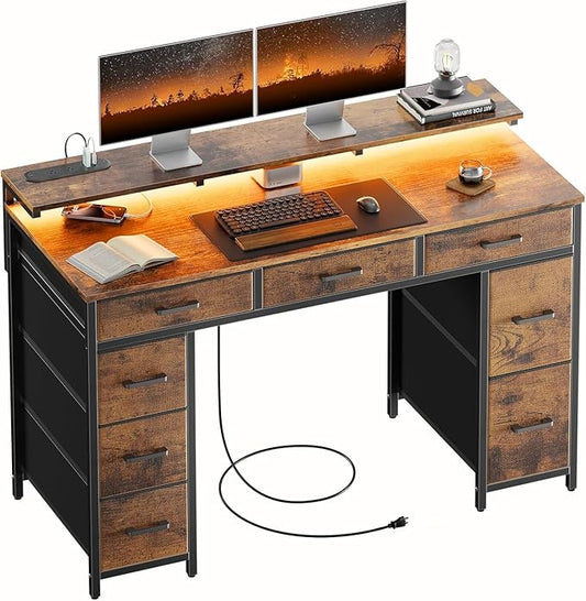 HLDIRECT 47 inch Computer Desk with 8 Storage Drawers Gaming Desk with LED Lights &amp USB Power Outlets Home Office Table with Monitor Stand Study Writing Work Table for Bedroom Rustic Brown