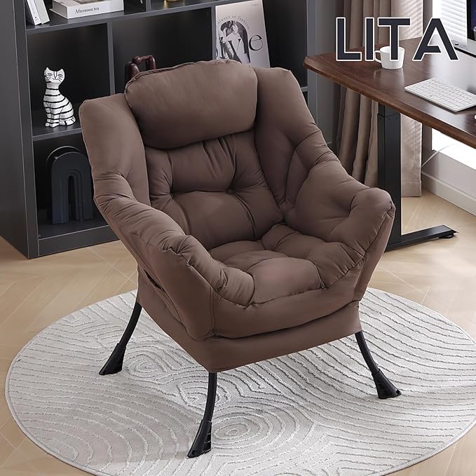 LITA Lazy Chair with Armrests and Side Pocket Modern Upholstered Accent Reading Chair for Living Room Bedroom Dorm Small Spaces Single Dark Brown