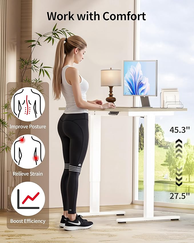 Okin Standing Desk Electric Adjustable Computer Desks Whole Piece Stand up Desk Office Gaming Home Office Memory Desks 48x24 inches Cream Pecans