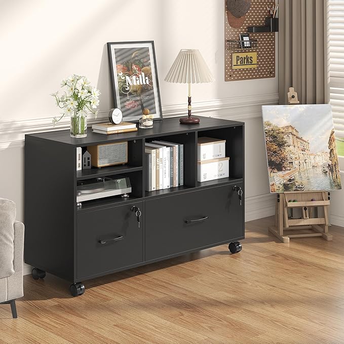 2 Drawer Wood Mobile Large Lateral File Cabinet Lockable Rolling Filing Cabinet with Storage Shelves Printer Stand Office Storage Cabinet for Home Office Fits Files Legal/A4 Black