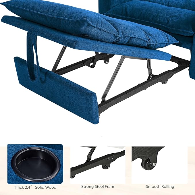Sleeper Chair 3 in 1 Convertible Pull Out Chair Sleeper with Bracket and Cup Holder Chairs Bed Sleepers for Adults Adjustable Sofa Bed Chairs for Living Room Small Spaces Blue