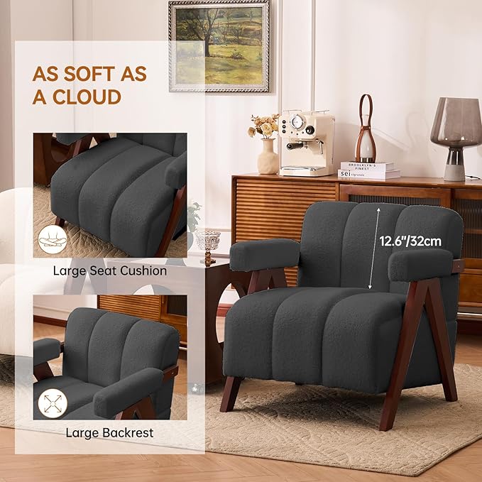 Accent Chair Mid-Century Modern with Wide Backrest for Bedroom Upholstered Living Room Chair with Wooden Lounge Armchair with Thick Cushion Cute Teddy Comfy Chair Dark Grey