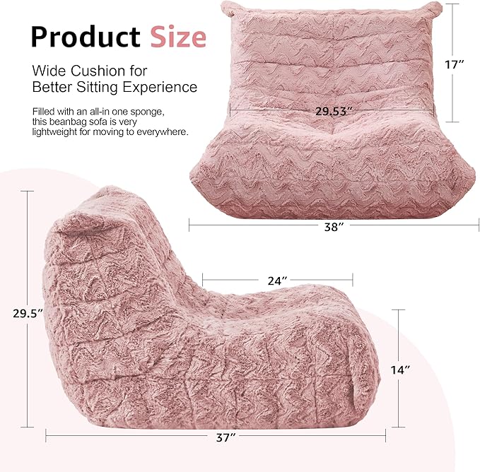 Bean Bag Chairs for Adults Giant Bean Bag Chair Memory Foam BeanBag Chair Bean Bag Sofa with Filler Faux Fur Fireside Beanbags Lazy Sofa for Living Room Bedroom Office (Pink Chevron Single)