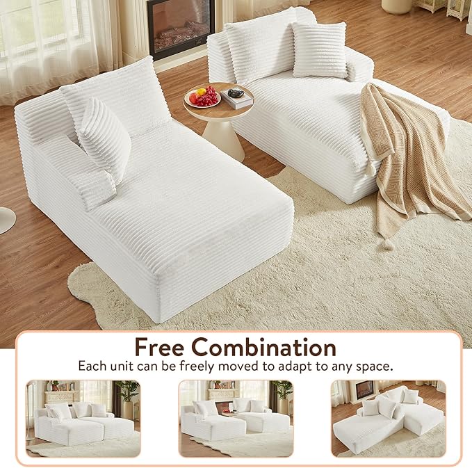 Oversized Double Chaise Lounge Chair Indoor Fluffy Upholstered Corduroy Sofa Bed with Throw Pillows Comfy Sleeper Deep Seat Sectional Loveseat Sofa Couch for Living Room (Beige)