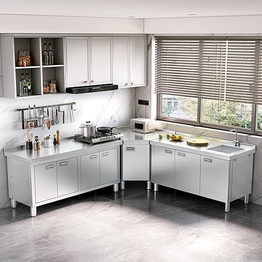 WWK 59 x 21 Stainless Steel Prep Table with Cabinet Commercial Kitchen Table for Prep &amp Work Heavy Duty Work Table with 4 Doors for Kitchen Restaurant Hotel Garage and Cafe
