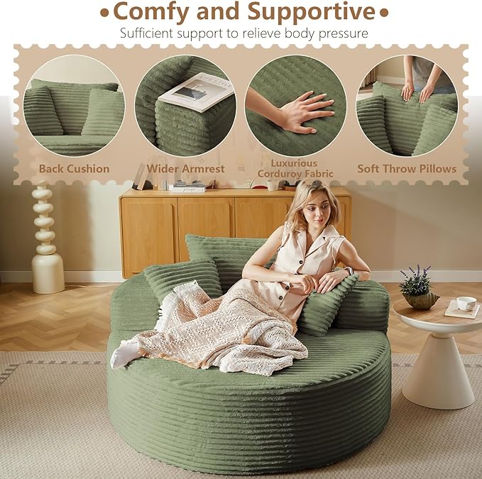 Oversized Round Chair Lounge Chaise Indoor Upholstered Corduroy Deep Seat Cloud Large Circle Sofa Chair No Assembly Required Fluffy Modern Sleeper Sofa Bed for Reading Living Room Bedroom Green