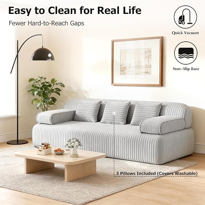 Convertible Sofa Bed 78.7 Frameless Floor Sofa-in-a-Box Corduroy Boneless Couch for Small Space Apartments Queen Sleeper Sofa for Everyday Use 3 Pillows Included No Assembly (Light Grey)