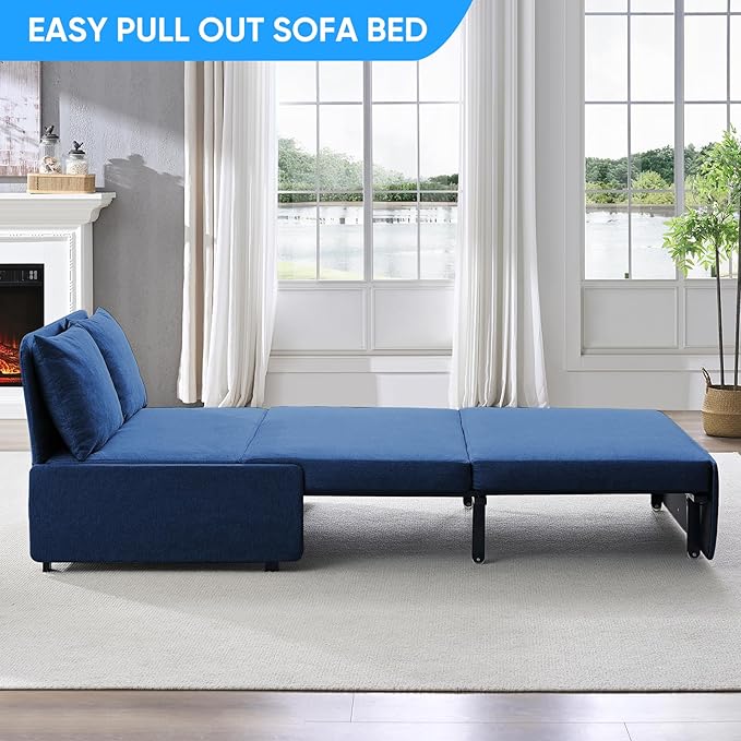 Mjkone 43 Width Twin Size Sleeper Sofa Bed 2-in-1 Modern Convertible Linen Sofa Sleeper Pull Out Couch Bed with Cushions &amp Throw Pillows for Living Room Home Office Small Place Blue