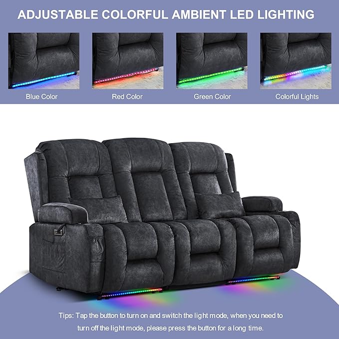 TUNYI Power Loveseat Recliner Sofa with Massage &amp Heat Home Theater Seating with Console RV Recliner Loveseat Sofa with USB/Storage/Side Pocket/LED Light/Speaker (Grey 3 Seat)