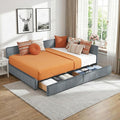 Queen Corner Bed Frame with Storage Drawers Modern Velvet Upholstered Sofa Day Bed Frame with Wood Slats for Living Room Bedroom Guest Room No Box Spring Needed Grey