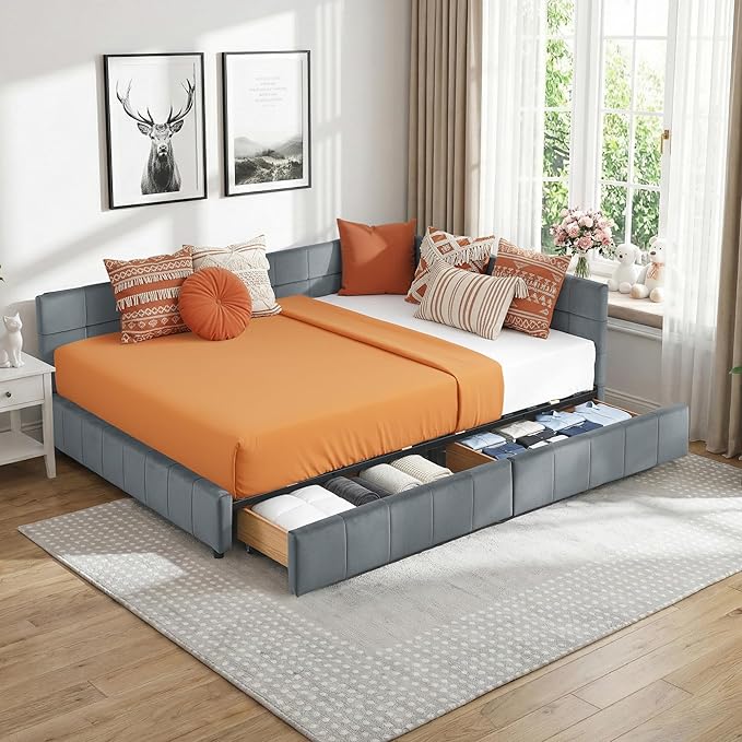 Queen Corner Bed Frame with Storage Drawers Modern Velvet Upholstered Sofa Day Bed Frame with Wood Slats for Living Room Bedroom Guest Room No Box Spring Needed Grey