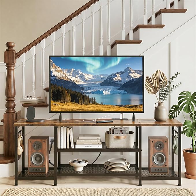 YGEOMER TV Stand for Up to 65 Inch TVs Entertainment Center with Power Outlet and Open Storage Shelves TV Media Console Table for Living Room and Bedroom Rustic Brown