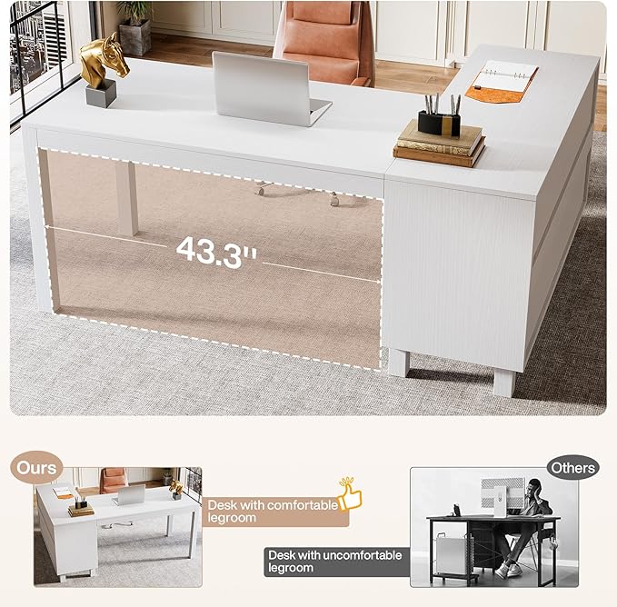 Tribesigns L-Shaped Desk with File Cabinet 59-Inch Executive Office Desk with Storage Shelves Wooden Study Writing Desk Farmhouse Corner Computer Desk for Home Office White