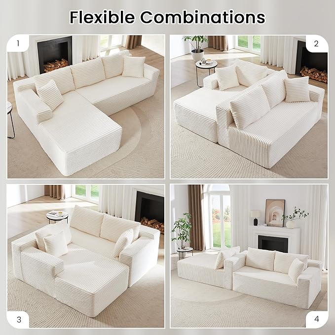 103'' Modular Sectional Sofa with Deep Seat Comfy L Shaped Couch Modern Cloud Couch with Oversized Chaise Corduroy No Assembly Required for Living Room Bedroom Beige