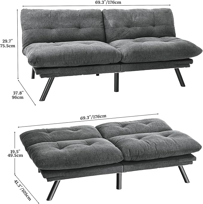 YITAHOME Convertible Futon Sofa Bed with Adjustable 3 Color Light Strip 70 Folding Futon Set for Living Room Home Office Aprtment Modern Futon Couch with Adjustable Backrest &amp Armrests Grey