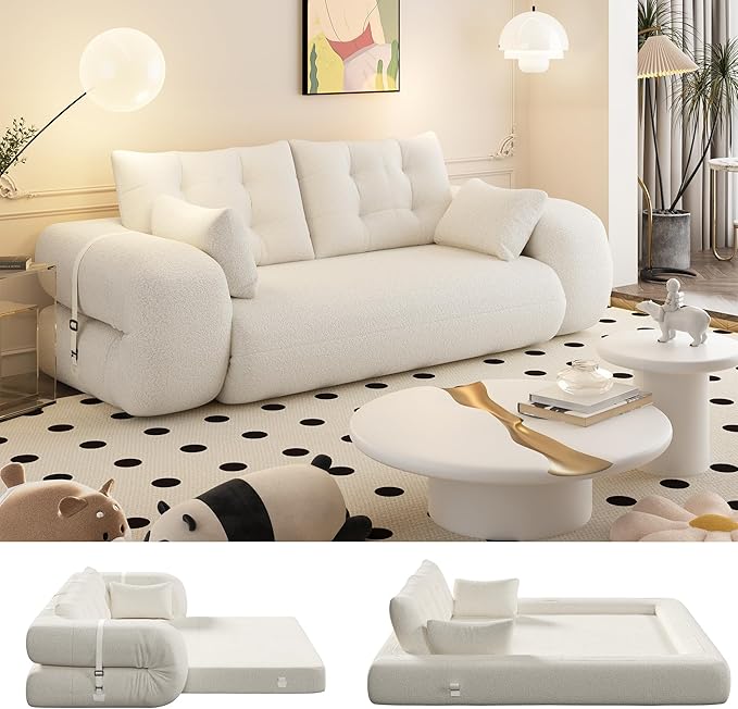 78.7 Convertible Folding Sofa Bed Queen Sleeper Sofa with Pillow Modern Teddy Fabric Futon Loveseat Couch High-Density Memory Foam Mattress for Living Room Guest Use Office Apartment White