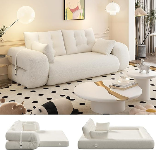 78.7 Convertible Folding Sofa Bed Queen Sleeper Sofa with Pillow Modern Teddy Fabric Futon Loveseat Couch High-Density Memory Foam Mattress for Living Room Guest Use Office Apartment White