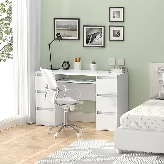 White Desk with Drawers Computer Desk for Bedroom Home Office Table with Storage 47 Inch Writing Wood Desks Executive Desks Workbench Study Counter Small Gaming Table White