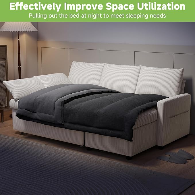 Real Relax 80'' Sofa Bed L Shaped Corduroy Sleeper Sofa Couch with Pull Out Bed and Chaise Storage for Living Room Apartment and Office Beige