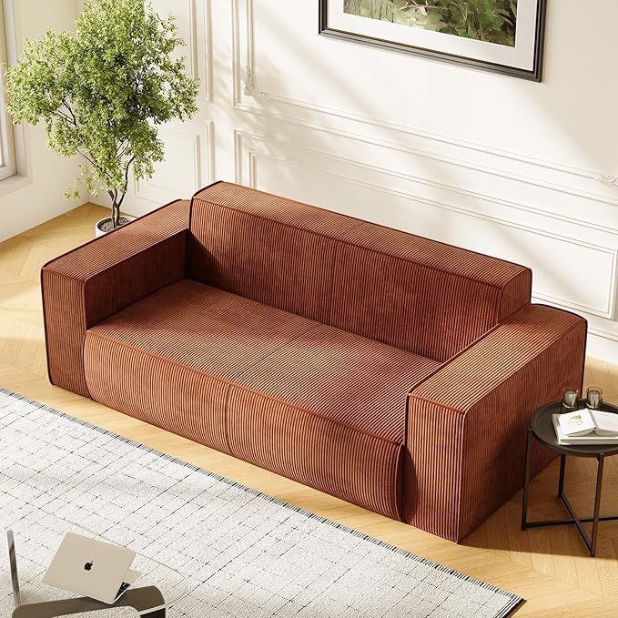 PUREMIND 3 Seater Corduroy Couch for Living Room 76 Modern Sofa in a Box No Installation &amp Easy to Transport Deep Seat Sofa with Wide Armrest Orange