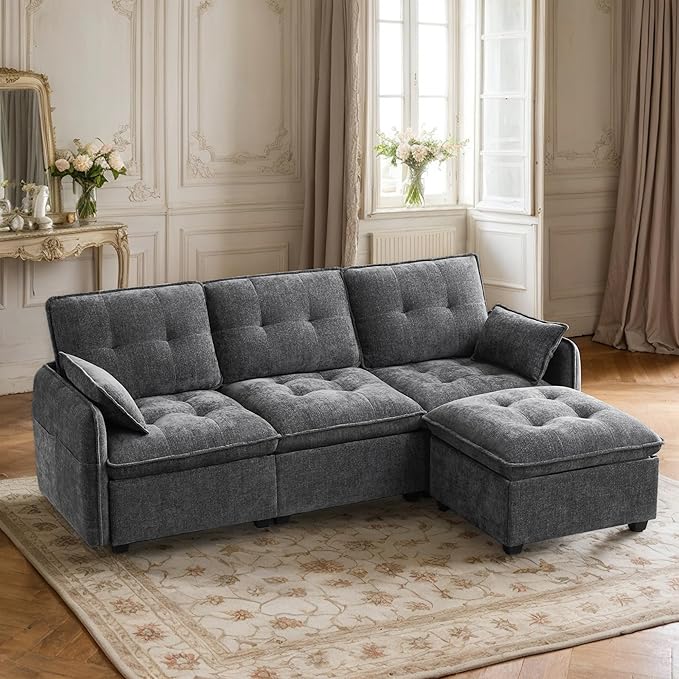 Oversized Modular Sectional Sofa with Ottoman 96.5'' 3 Seat Deep Seat Chenille Couch Convertible L Shaped Sofa with Pillows Comfy Seating Couch for Living Room Apartment Office (Grey)