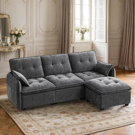 Oversized Modular Sectional Sofa with Ottoman 96.5'' 3 Seat Deep Seat Chenille Couch Convertible L Shaped Sofa with Pillows Comfy Seating Couch for Living Room Apartment Office (Grey)