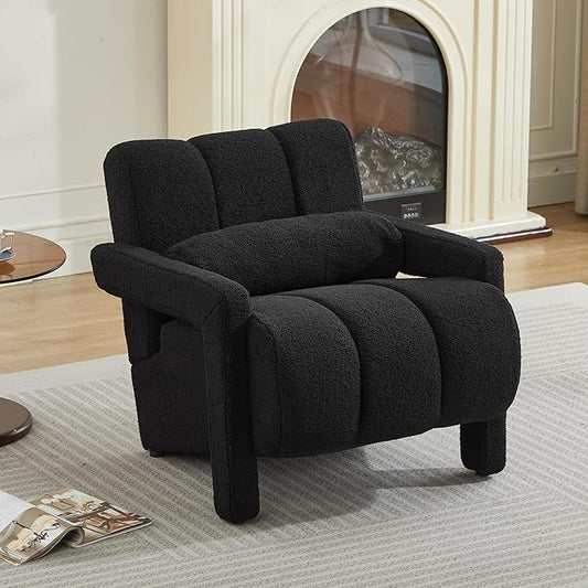 LOULENS Lambswool Accent Chair Modern Upholstered Sherpa Accent Chair Comfy Teddy Single Armchair with Pillow for Living Room Bedroom (Black)
