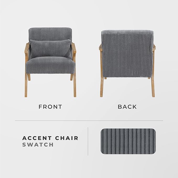 Lexicon Mid Century Modern Accent-Chair with Lumbar Pillow Brown Solid Wood Frame Comfy Corduroy Upholstered Lounge Arm Chair for Living Room/Bedroom/Office/Reading Nook Assembly Required Grey