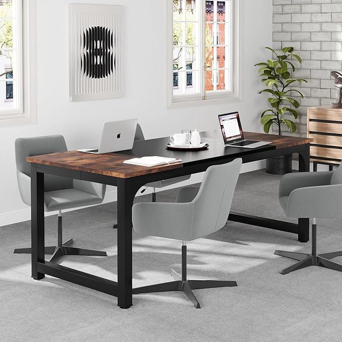 70.8 inch Executive Desk Rustic Office Computer Desk with Thick Metal Frame Vintage Workstation Writing Table Business Furniture for Office Study (Brown+Black)