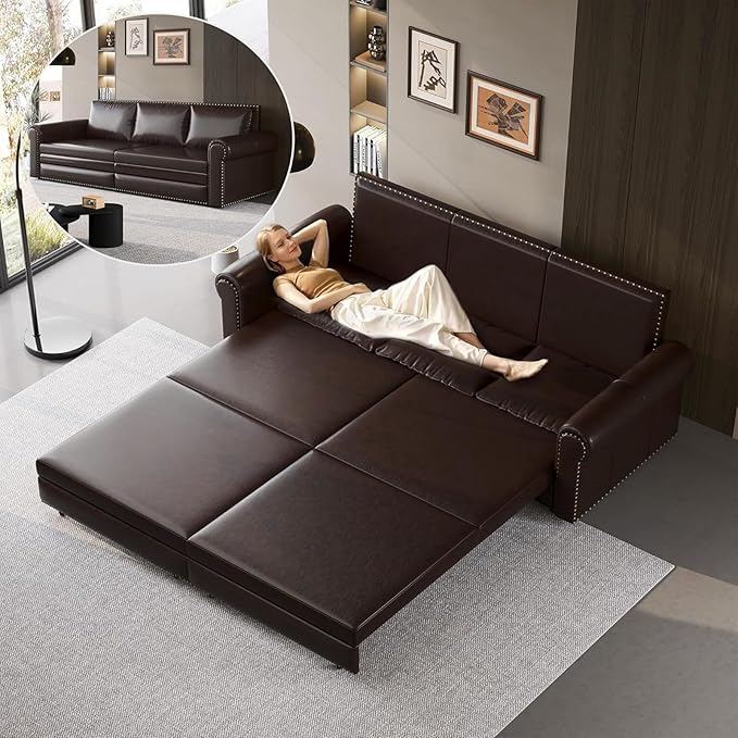Faux Leather Sleeper Sofa Couch with Pullout Bed 93.7 King Size Sleeper Sofa Bed 3 in 1 Convertible Sofa Bed with Nailhead Trim &amp Rolled Arm for Living Room Office