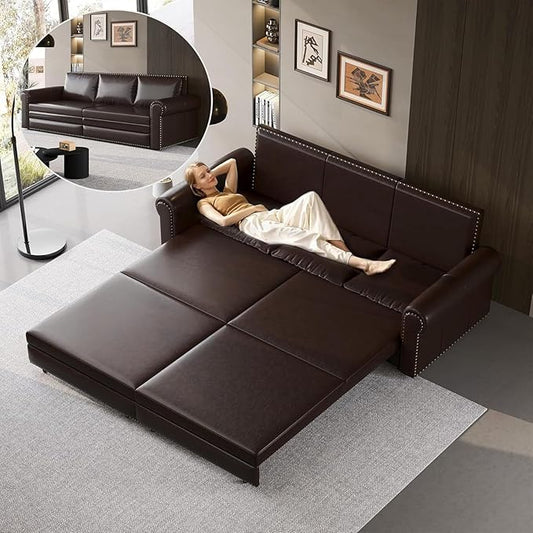 Faux Leather Sleeper Sofa Couch with Pullout Bed 93.7 King Size Sleeper Sofa Bed 3 in 1 Convertible Sofa Bed with Nailhead Trim &amp Rolled Arm for Living Room Office