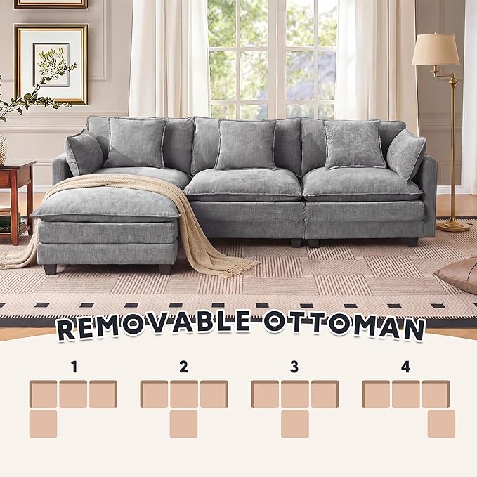 Modern 102 L Shaped Sectional Sofa Cloud Couch Comfy Chenille Modern Modular Sleeper Sofa Upholstery Sofa with Ottoman &amp Memory Foam for Living Room Grey
