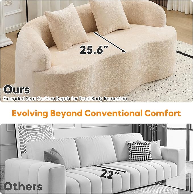 Loveseat Sectional Boneless Sofa for Living Room 67 Chenille Fabric Sofa Deep Seat Curved Cloud Floor Couch with 2 Throw Pillows for Small Spaces Beige