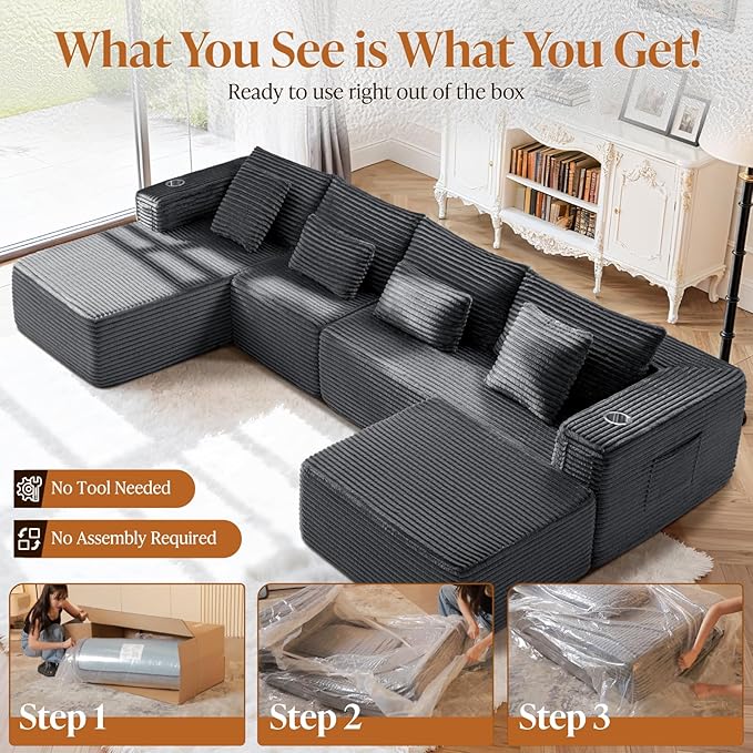 Cloud Modular Sectional Sofa Couch Boneless Couch Deep Seat for Living Room No Assembly Minimalist Modular Sofa Corduroy (Dark Grey 3 Seater+Right Facing Chaise+Ottoman)