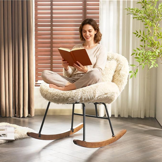 VINGLI 25.6 Extra Wide Nursery 115° Armless Rocking Chair Curved Cute Cross-Legged Glider Chair with Pillow &amp Solid Wood Nursing Chair for Bedroom Living Room Fluffy Fleece Khaki