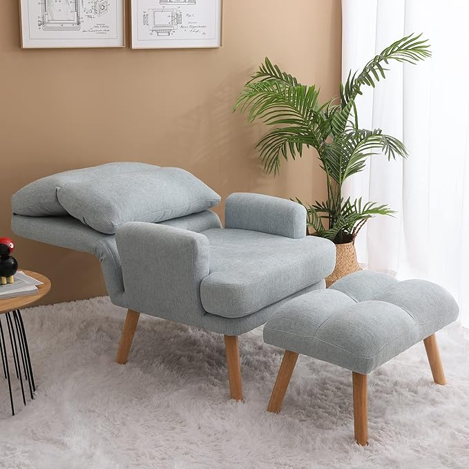 Accent Chair with Ottoman SetFabric Armchair with Wood Legs and Adjustable High Backrest Mid Century Modern Upholstered Lounge Chair for Living RoomBedroomReading Room and Study (Blue)