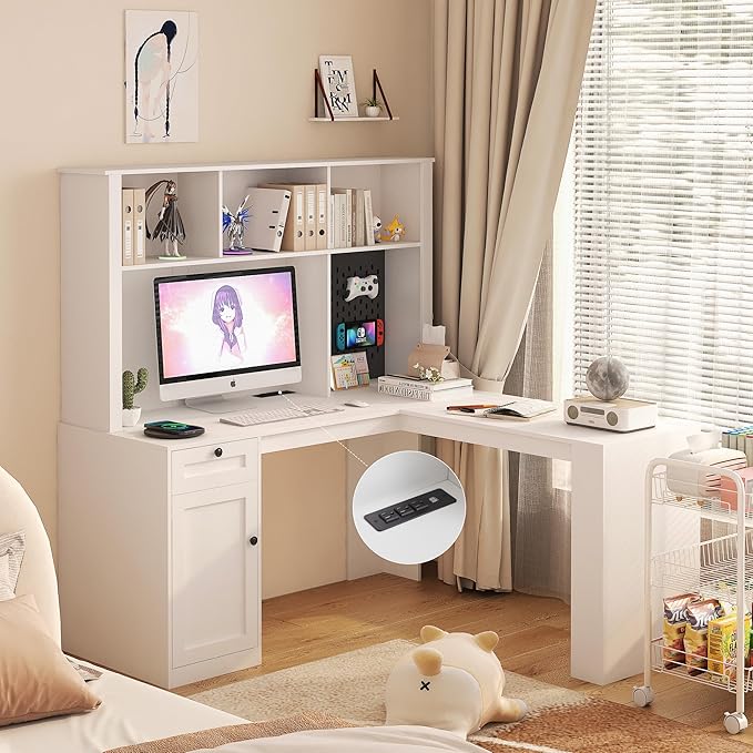 Home Office L Shaped Desk with Hutch and Charging Station Computer Desk with Drawers and Cabinet Open Storage Shelves Multi-Functional Writing Table for Study Room Bedroom Living Room (White)