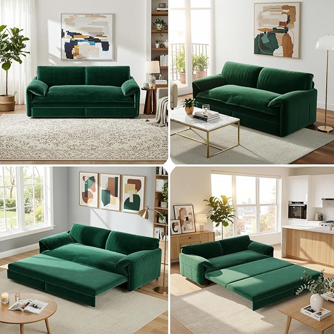 Homy Casa 66 3-in-1 Convertible Sofa Bed Queen Size Pull-Out Bed with Side Storage Velvet Loveseat Modern Sleeper Sofa for Living Room Office or Guest Room (Green)