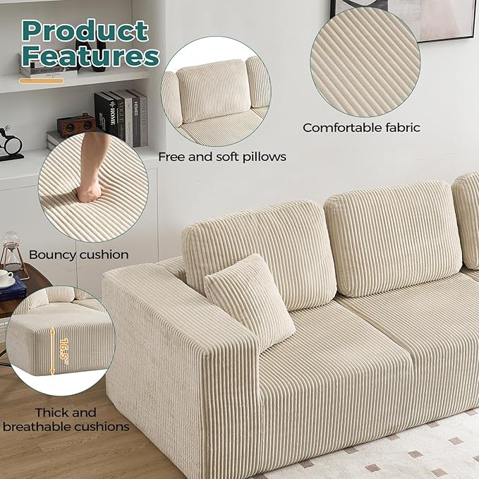 ANJ 74” Oversized Chaise Lounge Sofa Bed Boneless Modular Sofa 2-Piece Convertible Sleeper Couch with Deep Seat Upholstered Design for Living Room Bedroom Small Space No Assembly Required (Beige)