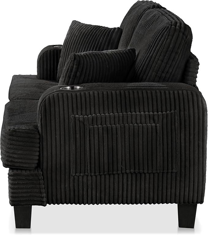 Homes: Inside + Out Reese Modern Plush Chenille Comfortable Loveseat with Side Pockets Cup Holders and Pillows Wooden Soft Couch for Living Room Bedroom and Office Black