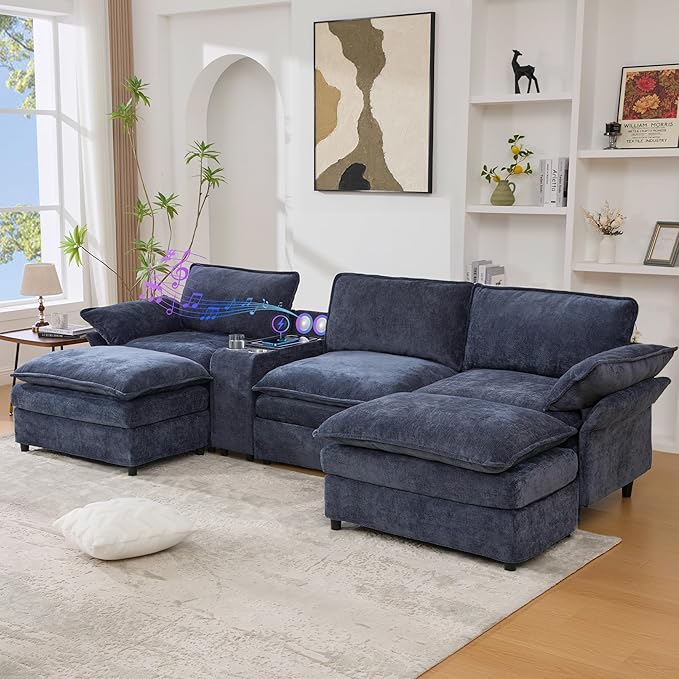 124'' Modular Sectional Sofa U-Shaped Chenille Cloud Couch with Storage 2 Ottomans Wireless Charging Loudspeaker Light 2 Cup Holders Double Chaise Couches for Living Room Office Blue