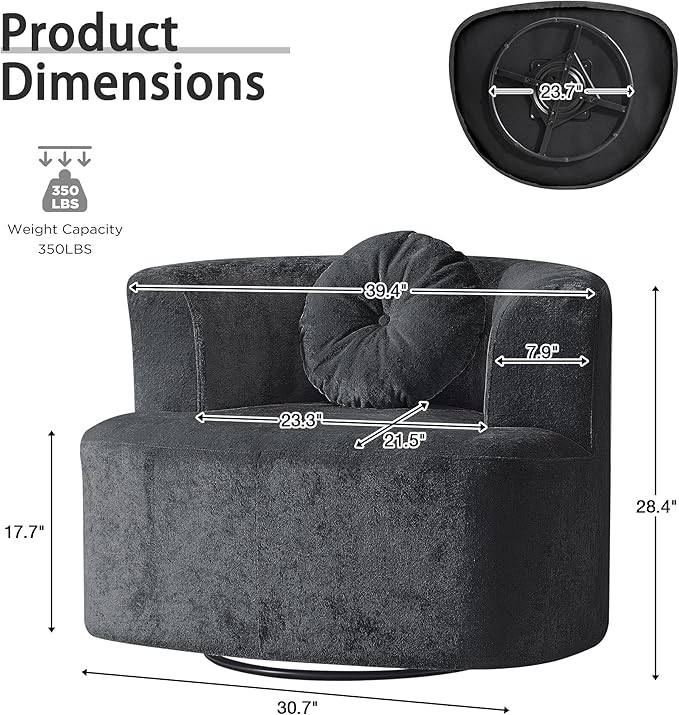 MELLCOM Oversized Swivel Accent Chair Modern Curved Back Single Sofa Chair Comfy All-Foam Compression Upholstered Round Armchair with PillowCozy Chenille Barrel Chair for Living RoomBedroom(Grey)