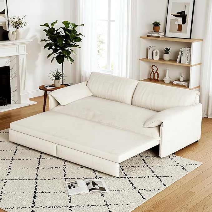 Homy Casa 66 3-in-1 Convertible Sofa Bed Queen Size Pull-Out Bed with Side Storage Velvet Loveseat Modern Sleeper Sofa for Living Room Office or Guest Room Beige