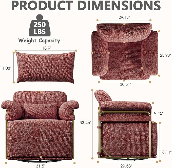 Swivel Accent Chairs 360 Swivel arm Chairs for Bedroom Club Chair with Back Gold Frame Tall Base for Office and Living Room (Red)