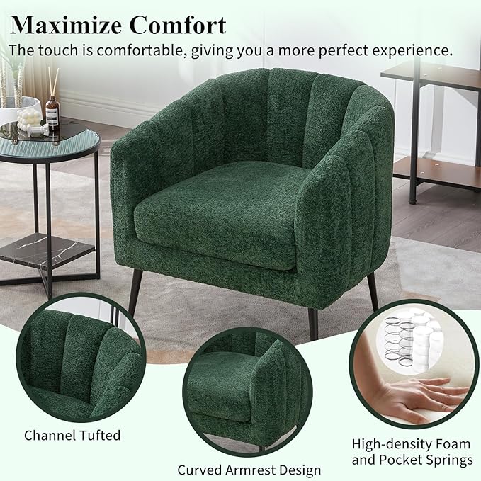 Modern Accent Chair Chenille Upholstered Accent Single Sofa with Metal Legs Tufted Lounge Chair with Wraparound Backrest Leisure Armchair for Living Room Office (Green)
