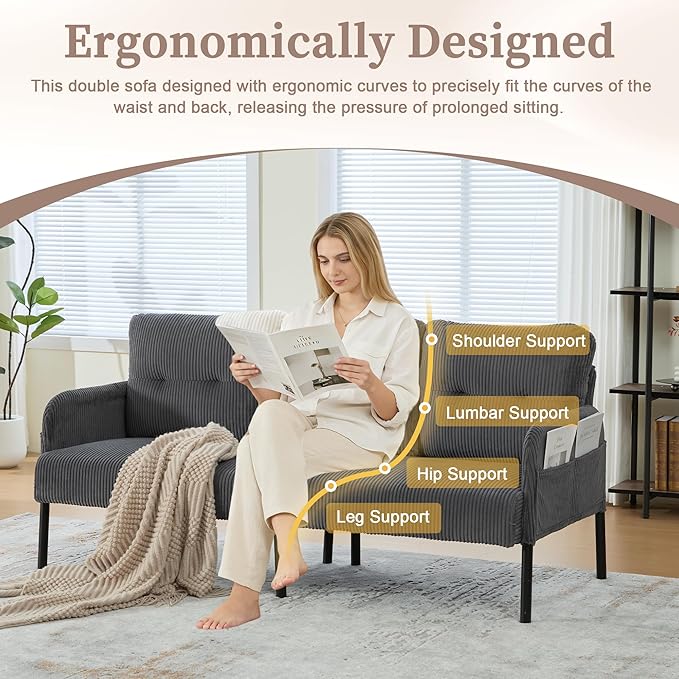 KEIKI 67 Corduroy Loveseat Sofa with Double Side Pockets &amp High Resilience Cushion Modern Style Upholstery Oversized 2-Seater Couch with Metal Legs Easy Assembly for Living Room Gray