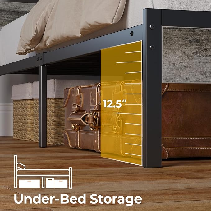 Rolanstar Bed Frame Twin Size with USB Charging Station LED Bed Frame with Wood Storage Headboard Light Grey Metal Platform Bed with Under Bed Storage No Box Spring Needed Noise Free