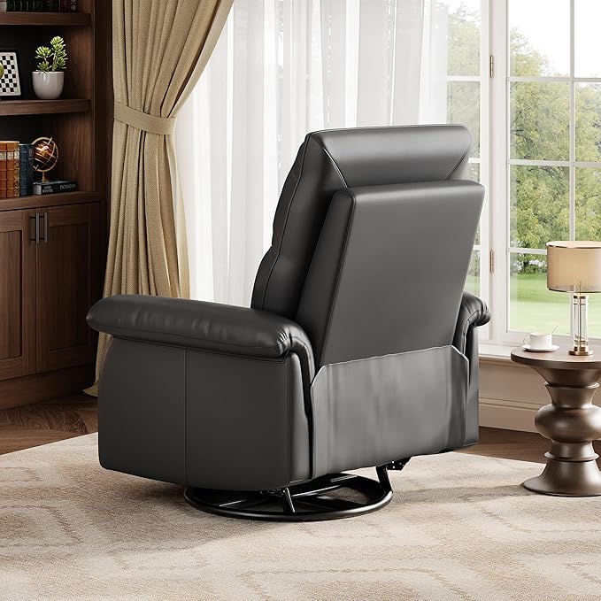 GarveeHome Recliner Chair 360° Swivel Rocker Glider Nursery Chair with Padded Armrest and Deep Seat PU Leather Upholstered Reclining Sofa Chair for Living Room Bedroom and Nursery (Ebony)