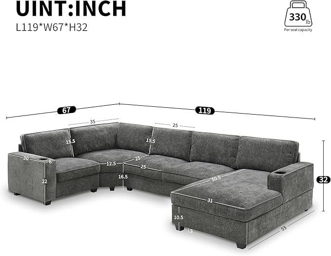 Merax Modern U-Shaped Cloud Couch Set with Oversized Chaise Lounge Chenille 6-Seat Sectional Sofa Sleeper Bed with Cup Holders for Living Room Dark Gray